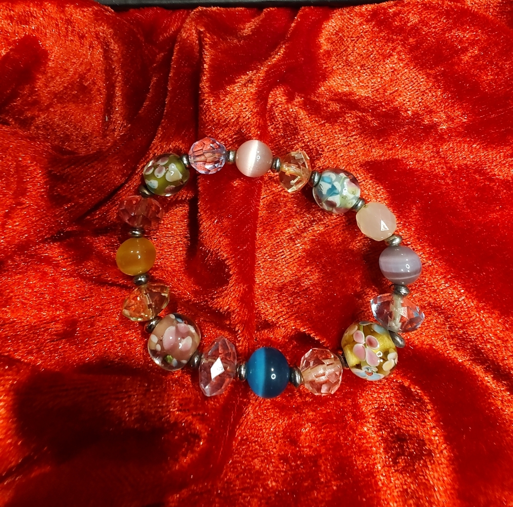 Vintage Lampwork Faceted Glass Beaded Bracelet Size 7